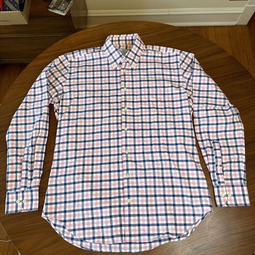 Bird Dog Bay Large Cotton Blue Pink Men's Button Front Long Sleeve Dress Shirt